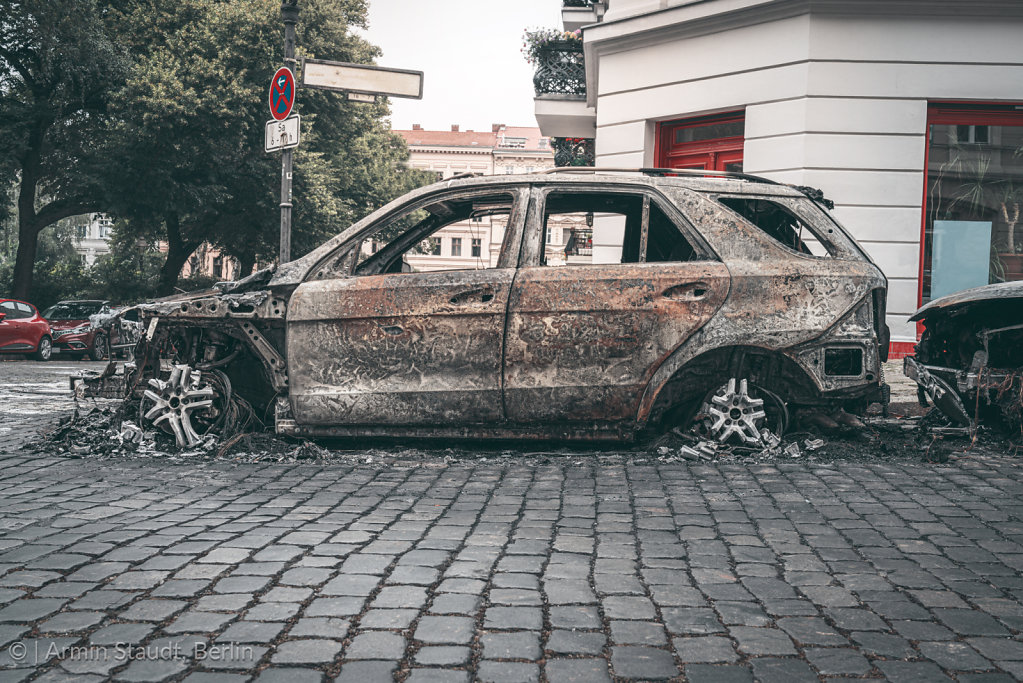 Burned out cars in the streets of Berlin